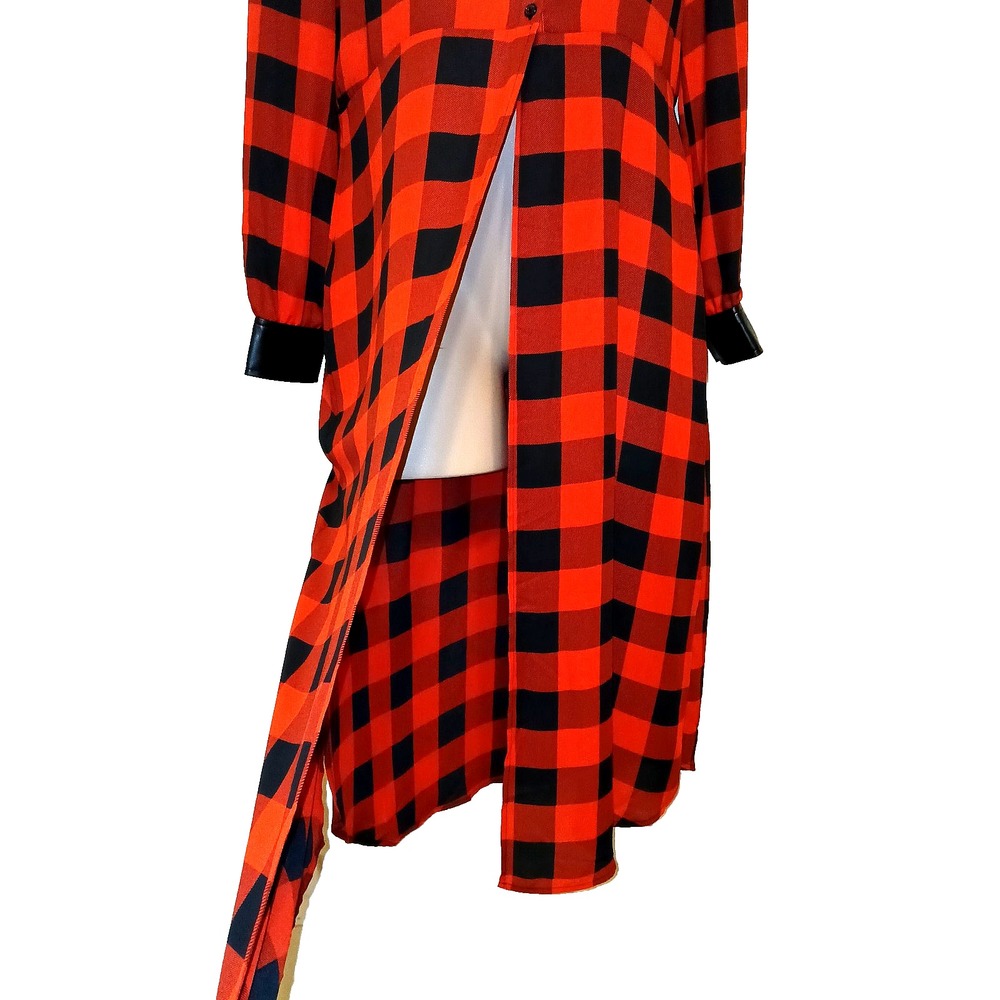 NY&C Women Longline Duster Top XXL Red Buffalo Plaid Checker Faux Leather Trim - Picture 9 of 10